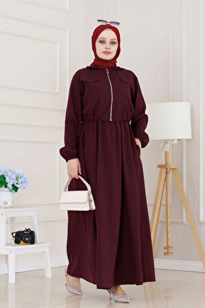 Fermuarlı Cepkenli Jile Elbise-Bordo