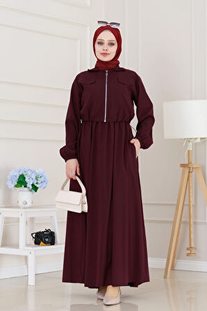 Fermuarlı Cepkenli Jile Elbise-Bordo