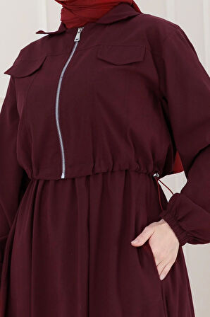 Fermuarlı Cepkenli Jile Elbise-Bordo