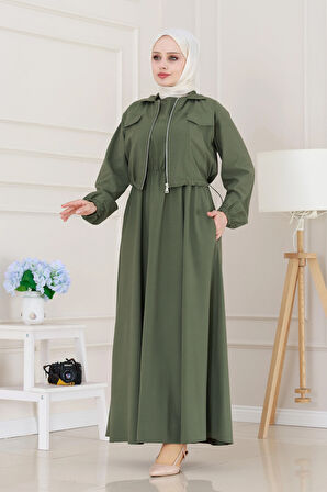 Fermuarlı Cepkenli Jile Elbise-Haki