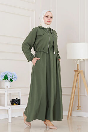 Fermuarlı Cepkenli Jile Elbise-Haki