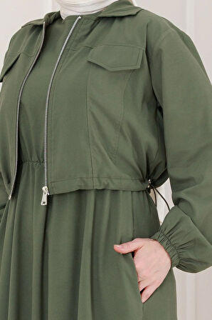 Fermuarlı Cepkenli Jile Elbise-Haki