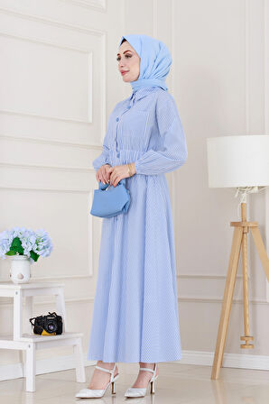 Boydan Düğmeli Çizgili Elbise-Bebe mavi