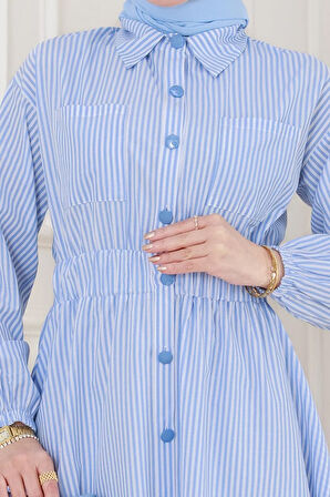 Boydan Düğmeli Çizgili Elbise-Bebe mavi