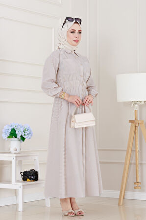 Boydan Düğmeli Çizgili Elbise-Taş