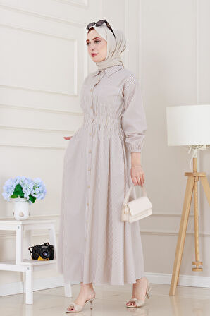 Boydan Düğmeli Çizgili Elbise-Taş