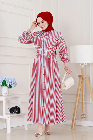 Çizgili Cepli Tesettür Elbise-Bordo