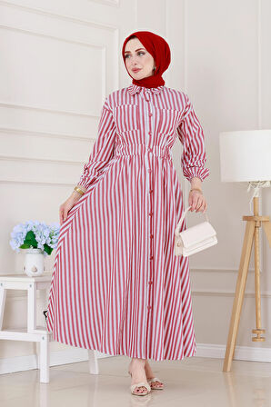 Çizgili Cepli Tesettür Elbise-Bordo