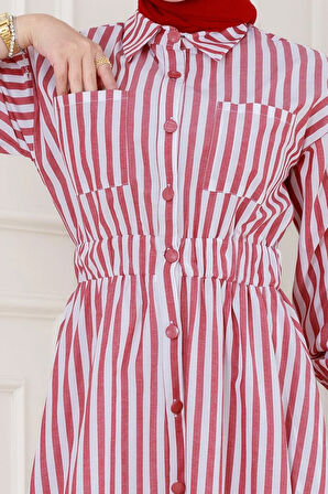 Çizgili Cepli Tesettür Elbise-Bordo