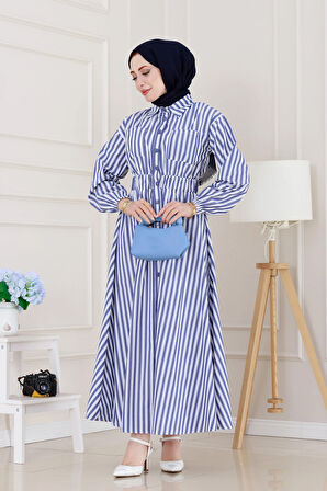 Çizgili Cepli Tesettür Elbise-Lacivert