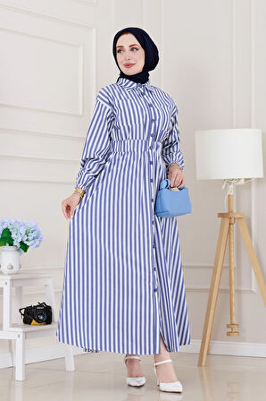 Çizgili Cepli Tesettür Elbise-Lacivert