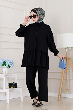 Eteği Volanlı Tunik Takım-Siyah