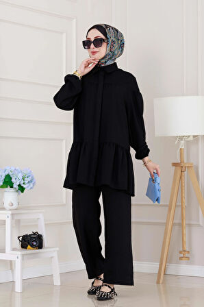 Eteği Volanlı Tunik Takım-Siyah