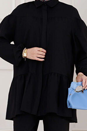 Eteği Volanlı Tunik Takım-Siyah