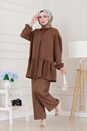 Eteği Volanlı Tunik Takım-Kahverengi