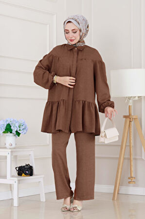 Eteği Volanlı Tunik Takım-Kahverengi