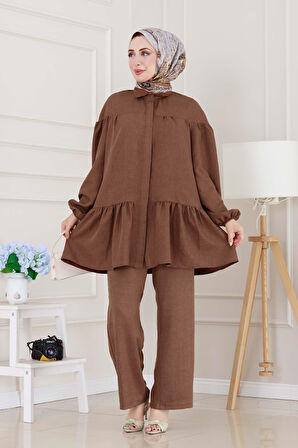 Eteği Volanlı Tunik Takım-Kahverengi