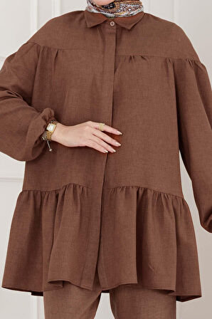 Eteği Volanlı Tunik Takım-Kahverengi