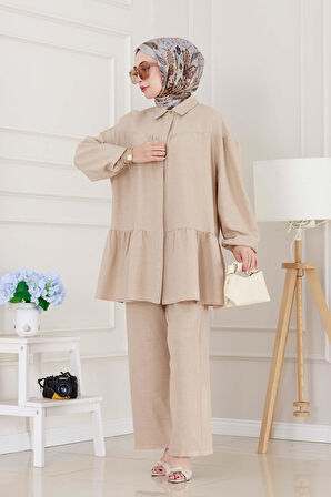 Eteği Volanlı Tunik Takım-Bej