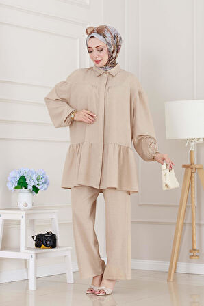 Eteği Volanlı Tunik Takım-Bej