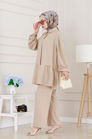 Eteği Volanlı Tunik Takım-Bej