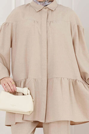 Eteği Volanlı Tunik Takım-Bej