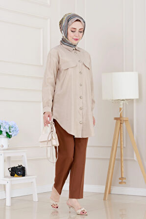 Cep Kapaklı Beli Bağcıklı Tunik-VİZON