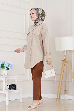 Cep Kapaklı Beli Bağcıklı Tunik-VİZON