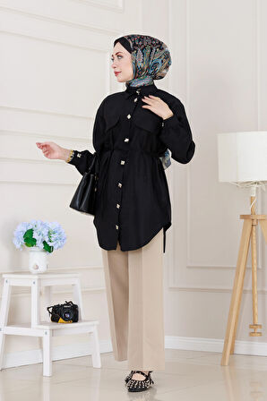 Cep Kapaklı Beli Bağcıklı Tunik-Siyah