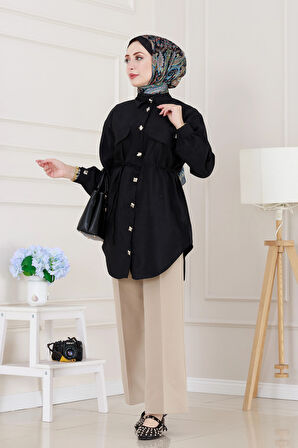Cep Kapaklı Beli Bağcıklı Tunik-Siyah