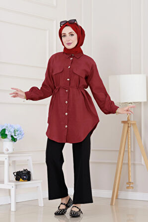 Cep Kapaklı Beli Bağcıklı Tunik-Bordo