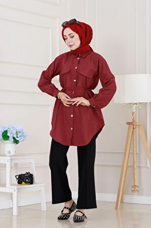 Cep Kapaklı Beli Bağcıklı Tunik-Bordo