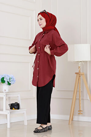 Cep Kapaklı Beli Bağcıklı Tunik-Bordo