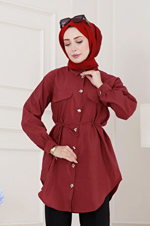 Cep Kapaklı Beli Bağcıklı Tunik-Bordo