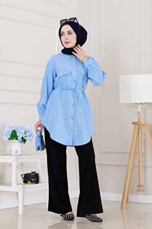 Cep Kapaklı Beli Bağcıklı Tunik-Bebe mavi