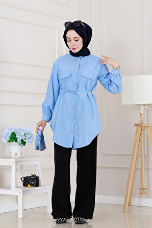 Cep Kapaklı Beli Bağcıklı Tunik-Bebe mavi