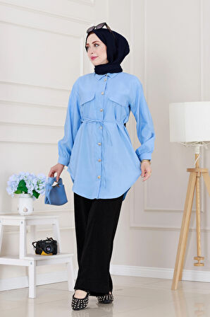 Cep Kapaklı Beli Bağcıklı Tunik-Bebe mavi