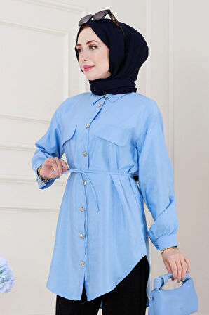 Cep Kapaklı Beli Bağcıklı Tunik-Bebe mavi