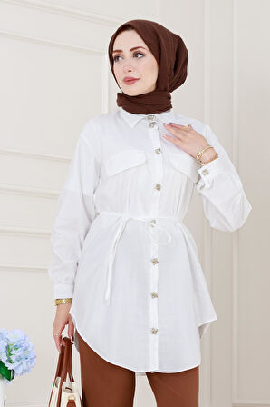 Cep Kapaklı Beli Bağcıklı Tunik-Beyaz