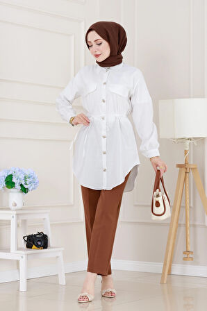 Cep Kapaklı Beli Bağcıklı Tunik-Beyaz