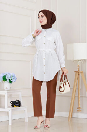 Cep Kapaklı Beli Bağcıklı Tunik-Beyaz