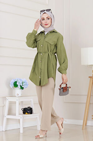 Cep Kapaklı Beli Bağcıklı Tunik-Yeşil