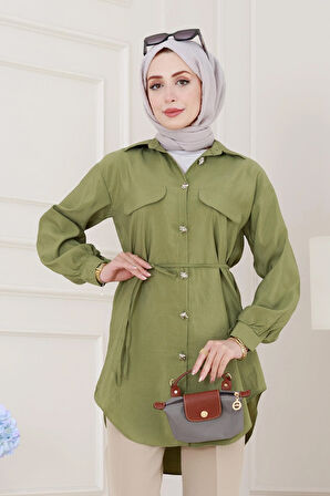 Cep Kapaklı Beli Bağcıklı Tunik-Yeşil