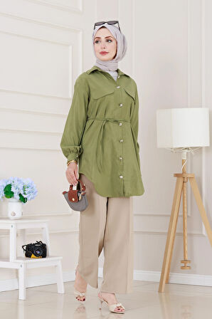 Cep Kapaklı Beli Bağcıklı Tunik-Yeşil