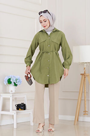 Cep Kapaklı Beli Bağcıklı Tunik-Yeşil
