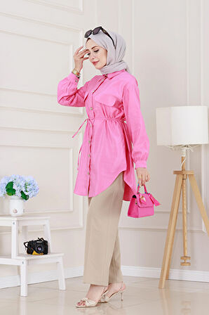 Cep Kapaklı Beli Bağcıklı Tunik-Pembe