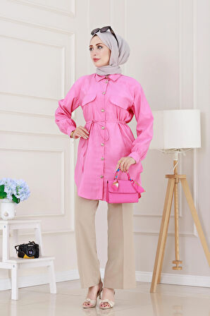 Cep Kapaklı Beli Bağcıklı Tunik-Pembe