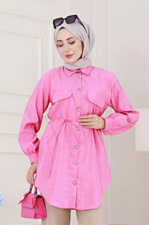 Cep Kapaklı Beli Bağcıklı Tunik-Pembe
