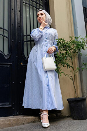 Boydan Düğmeli Çizgili Elbise-Bebe mavi