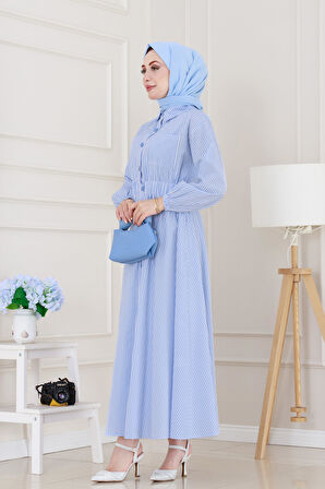 Boydan Düğmeli Çizgili Elbise-Bebe mavi